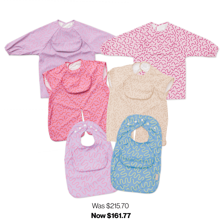 Abibi Total bib bundle for girls, size 2: long sleeve, short sleeve and Less Mess waterproof smock bibs