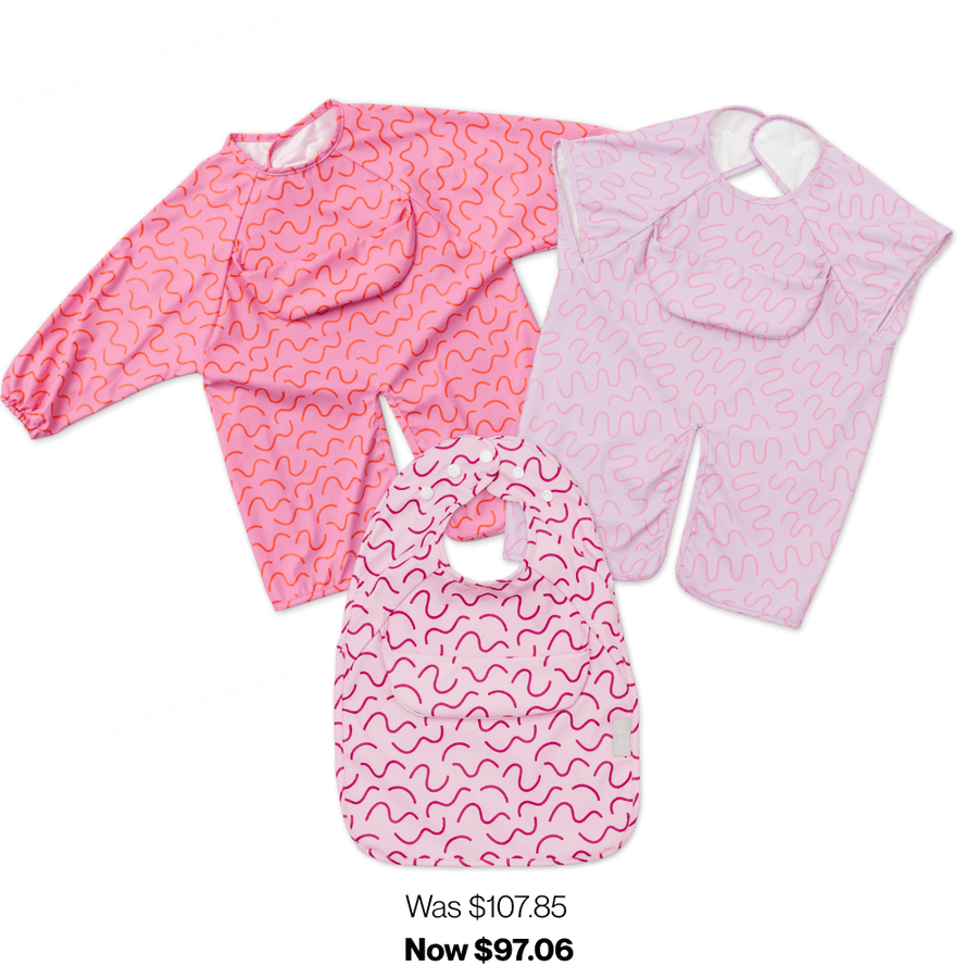 Abibi One of Each bib set for girls, size 1: long sleeve, short sleeve and Less Mess waterproof smock bibs