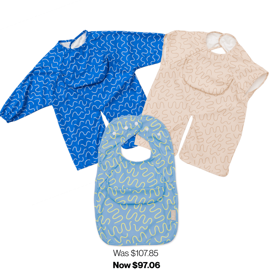 Abibi One of Each bib set for boys, size 2: long sleeve, short sleeve and Less Mess waterproof smock bibs