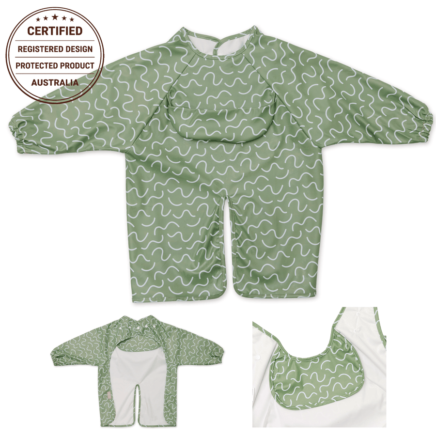 Pistachio Puff waterproof long sleeve smock bib by Abibi, full wrist-to-collar coverage for baby-led weaning and starting solids