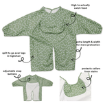 Pistachio Puff waterproof long sleeve smock bib by Abibi, full wrist-to-collar coverage for baby-led weaning and starting solids