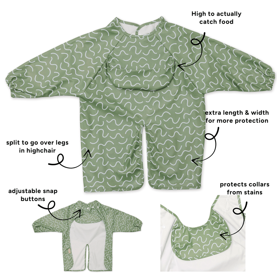 Pistachio Puff waterproof long sleeve smock bib by Abibi, full wrist-to-collar coverage for baby-led weaning and starting solids