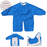 Blueberry Burst waterproof long sleeve smock bib by Abibi, full wrist-to-collar coverage for baby-led weaning and starting solids