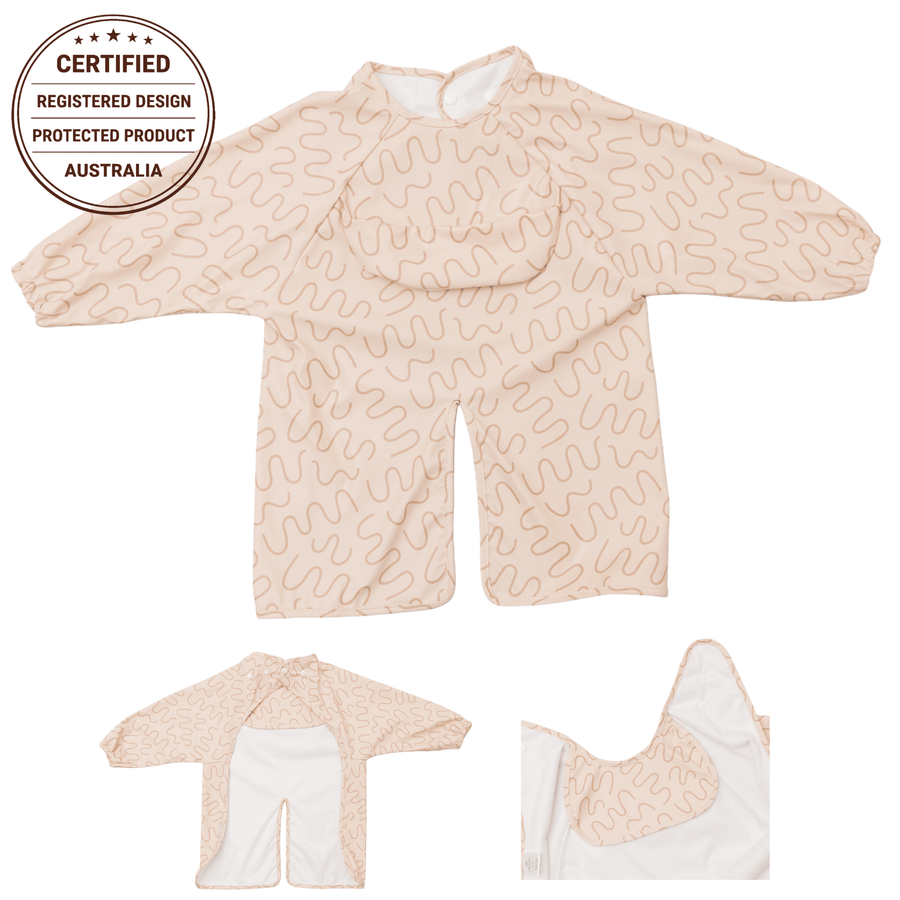 Biscuit Bite waterproof long sleeve smock bib by Abibi, full wrist-to-collar coverage for baby-led weaning and starting solids