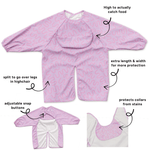 Lilac Lollipop waterproof long sleeve smock bib by Abibi, full wrist-to-collar coverage for baby-led weaning and starting solids
