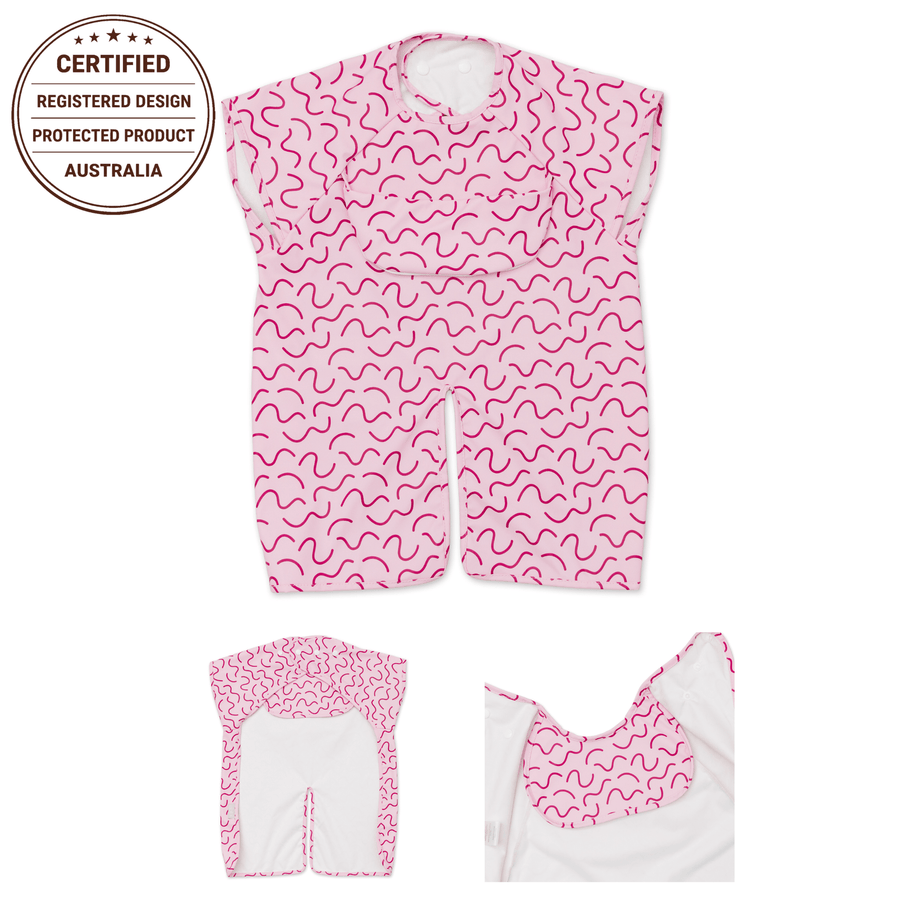 Berry Bliss waterproof short sleeve smock bib by Abibi, full coverage for messy mealtimes and starting solids