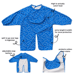 Blueberry Burst waterproof long sleeve smock bib by Abibi, full wrist-to-collar coverage for baby-led weaning and starting solids