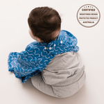 Blueberry Burst waterproof long sleeve smock bib by Abibi, full wrist-to-collar coverage for baby-led weaning and starting solids