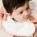 Biscuit Bite waterproof long sleeve smock bib by Abibi, full wrist-to-collar coverage for baby-led weaning and starting solids