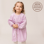 Lilac Lollipop waterproof long sleeve smock bib by Abibi, full wrist-to-collar coverage for baby-led weaning and starting solids