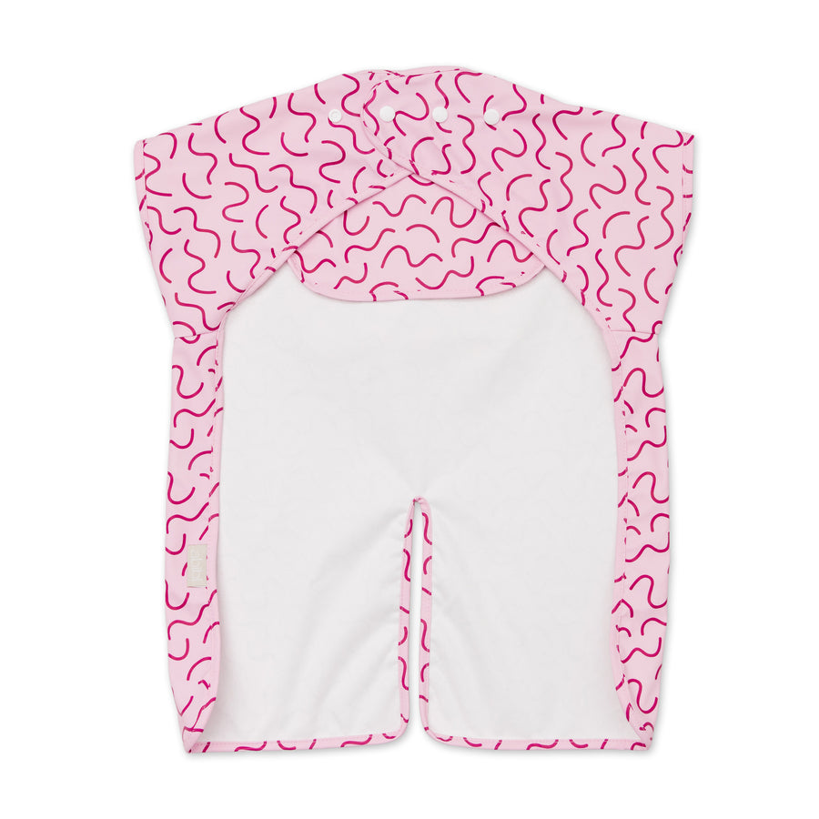 Berry Bliss pink waterproof short sleeve baby feeding smock by Abibi - mess proof inner collar flap