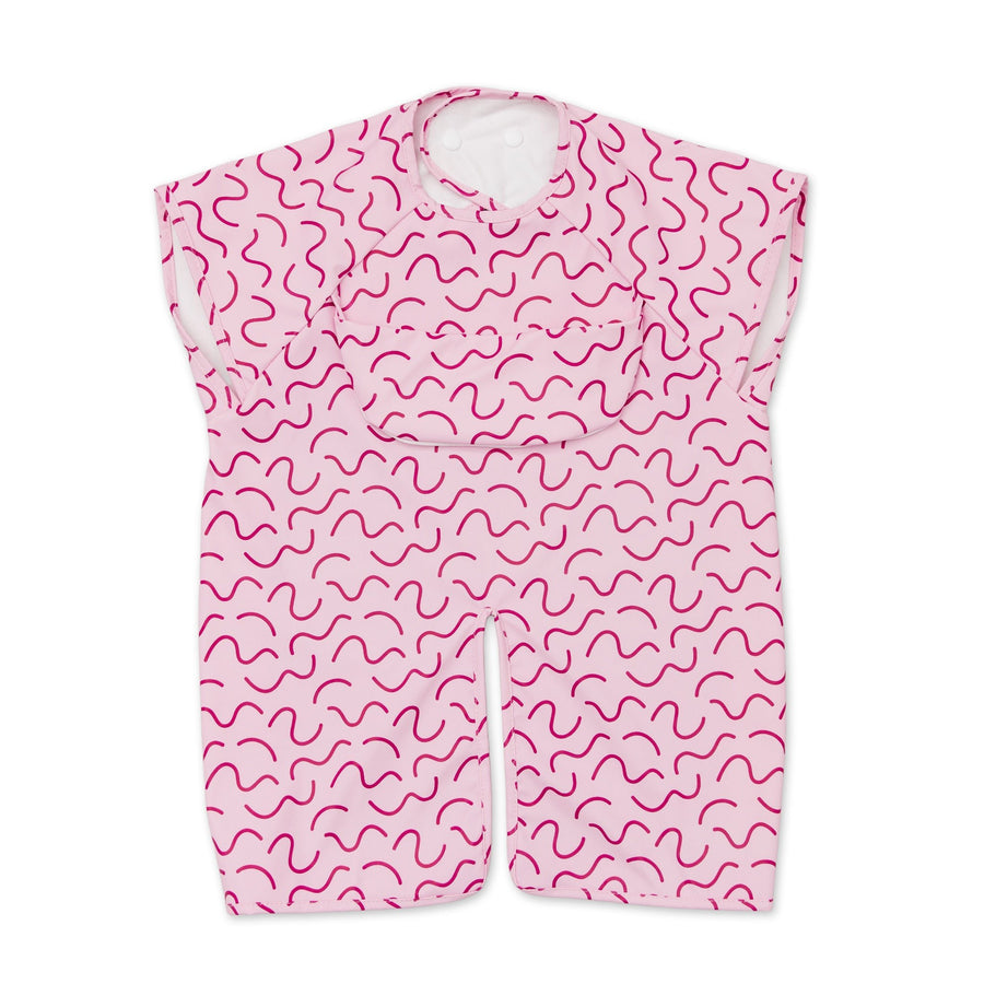 Berry Bliss pink waterproof short sleeve baby feeding smock by Abibi - mess proof inner collar flap