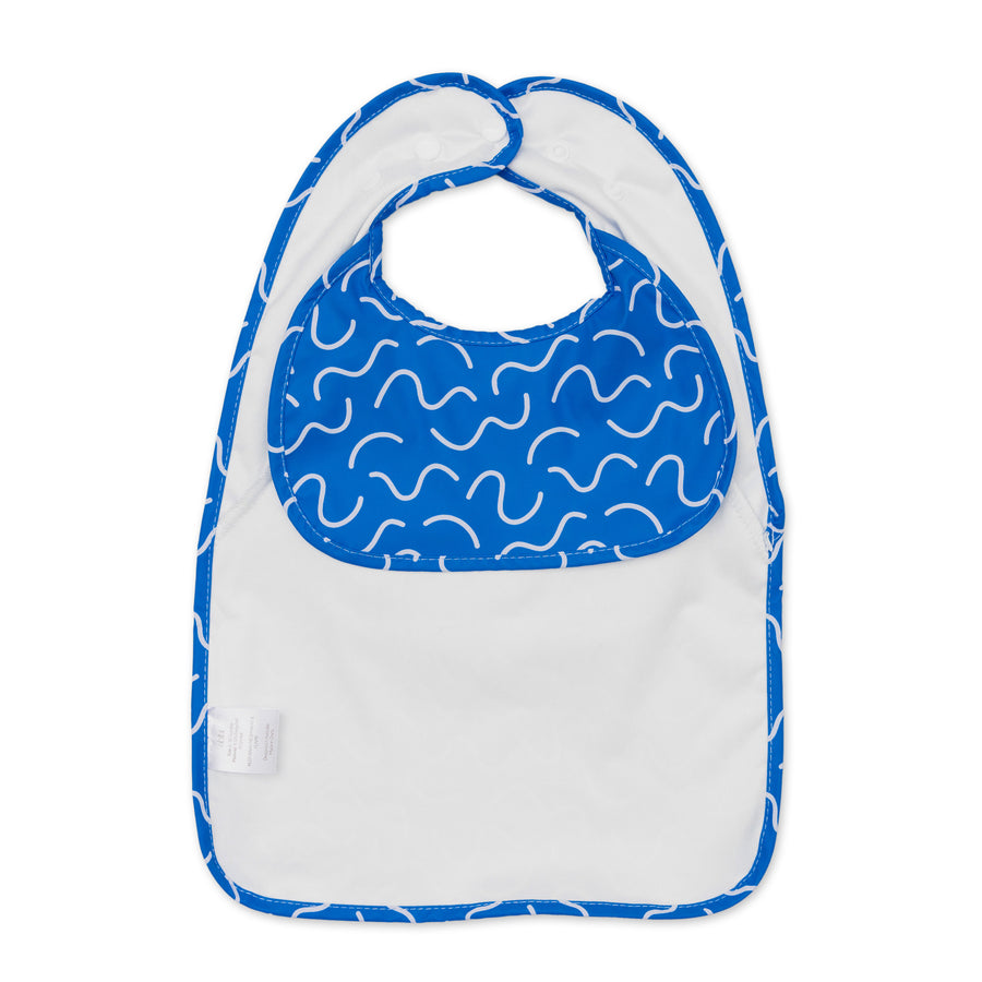 Blueberry Burst navy waterproof sleeveless baby feeding smock bib by Abibi - mess proof inner collar flap
