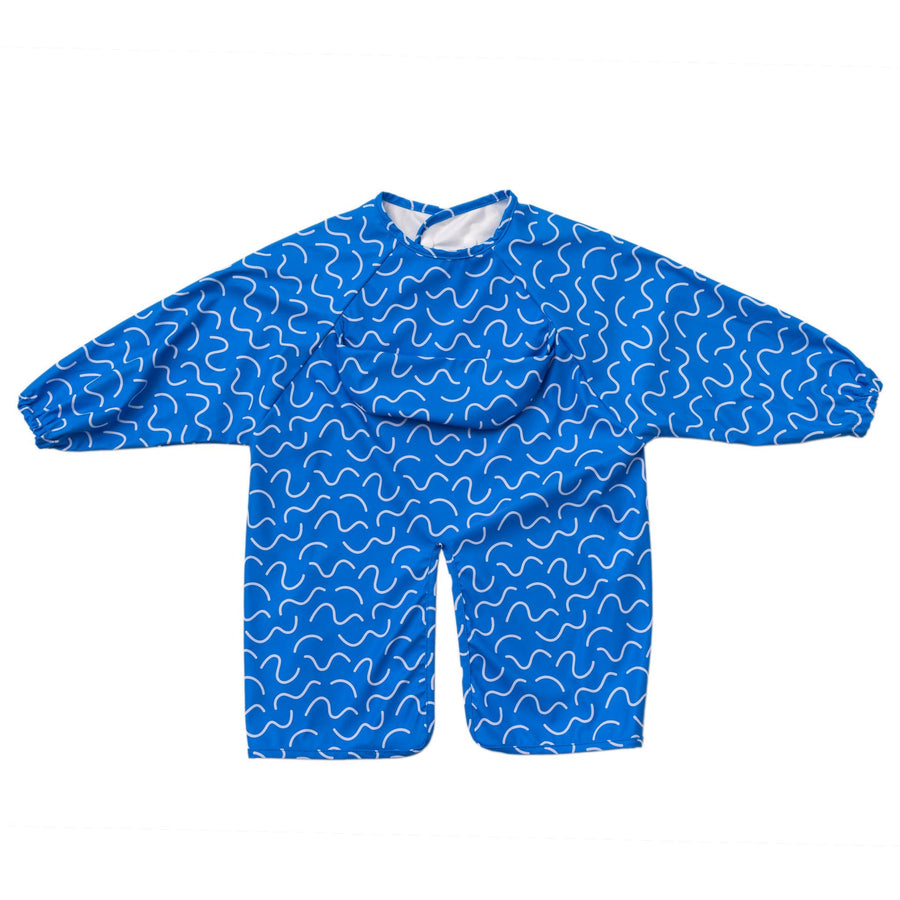 Blueberry Burst navy waterproof long sleeve smock bib by Abibi, front view - full coverage for starting solids