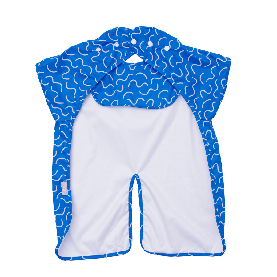 Blueberry Burst navy waterproof short sleeve baby feeding smock by Abibi - mess proof inner collar flap