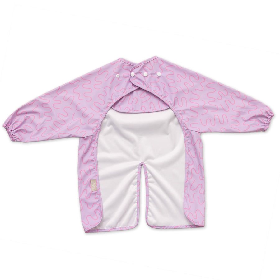 Lilac Lollipop purple waterproof long sleeve smock bib by Abibi, back view