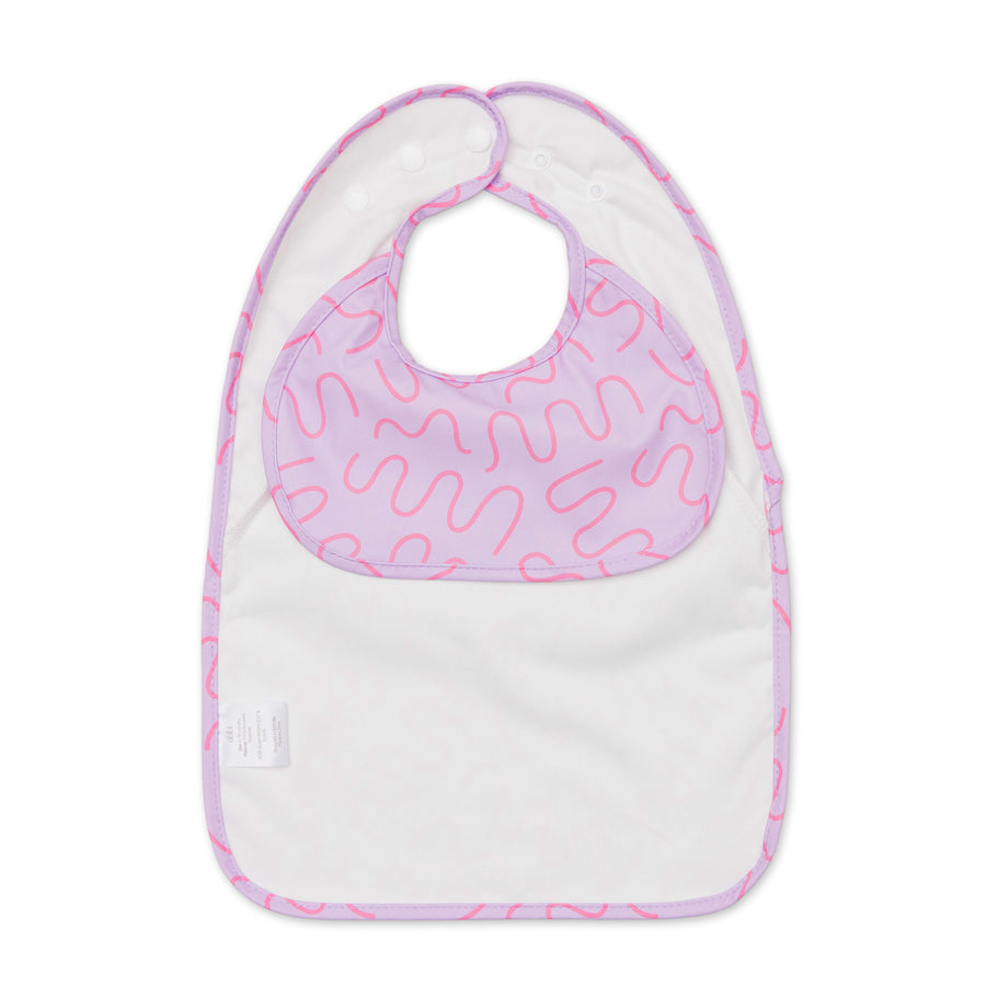 Lilac Lollipop purple waterproof sleeveless baby feeding smock bib by Abibi - mess proof inner collar flap