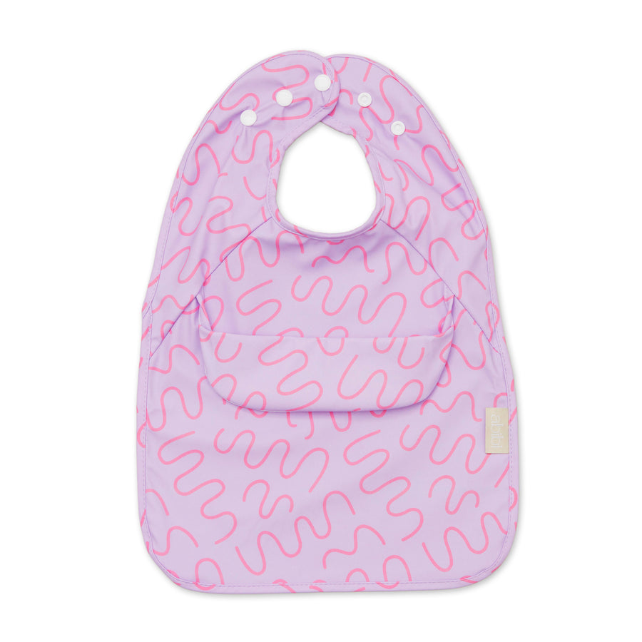 Lilac Lollipop purple waterproof sleeveless baby feeding smock bib by Abibi - mess proof inner collar flap