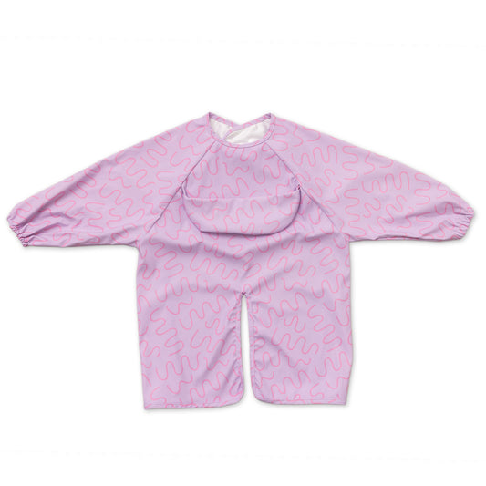Abibi long sleeve smock bib, bright playful print, keeps clothes clean during mealtimes