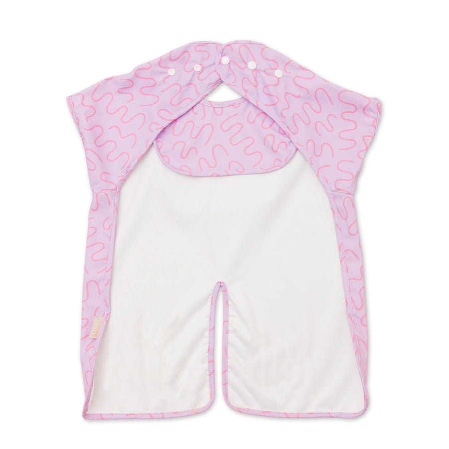 Lilac Lollipop purple waterproof short sleeve baby feeding smock by Abibi - mess proof inner collar flap