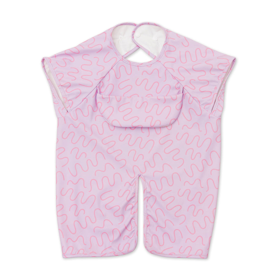 Lilac Lollipop purple waterproof short sleeve baby feeding smock by Abibi - mess proof inner collar flap