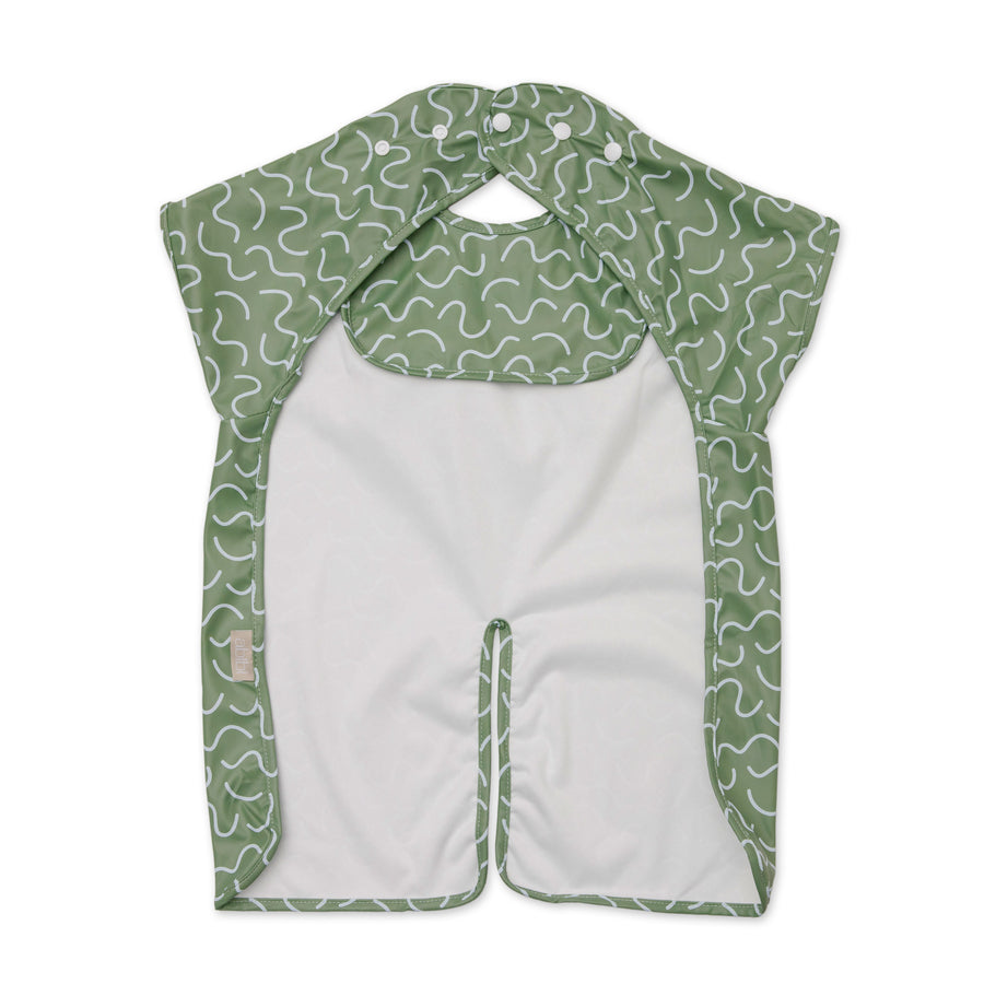 Pistachio Puff green waterproof short sleeve baby feeding smock by Abibi - mess proof inner collar flap