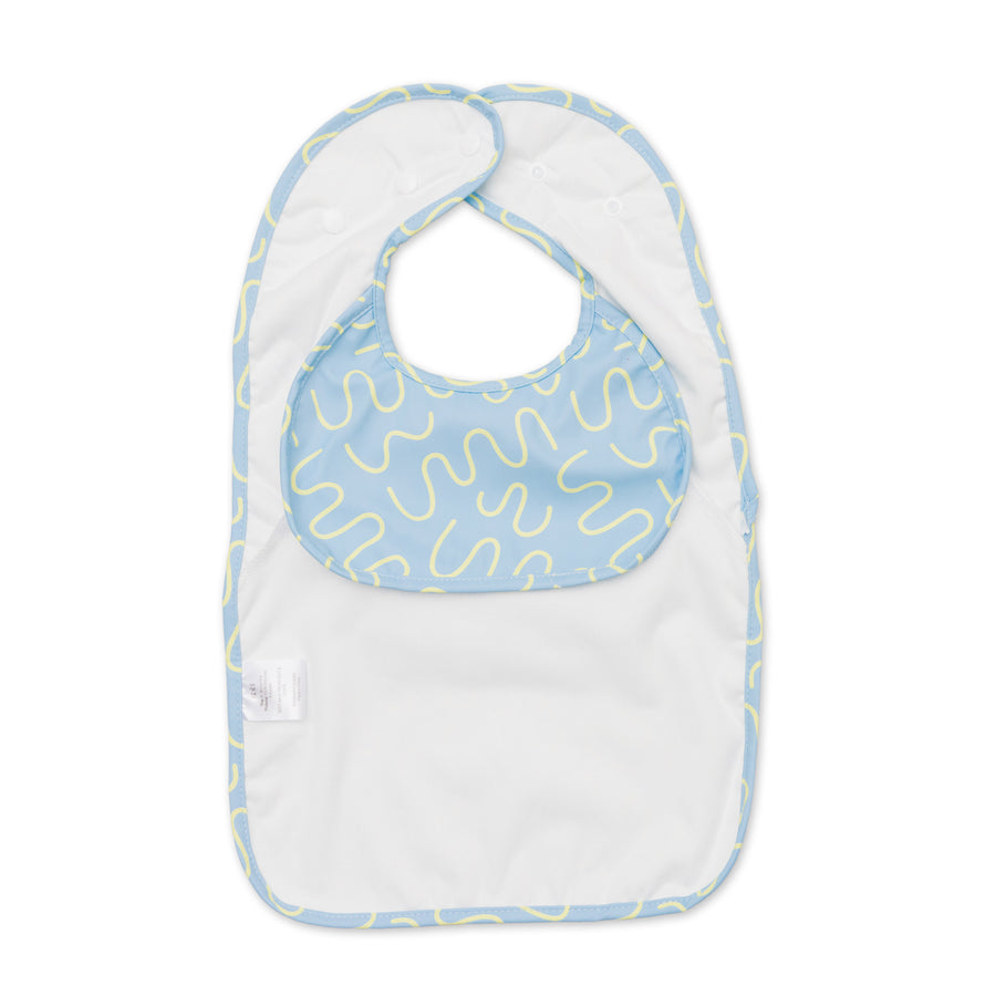 Sky Snack blue waterproof sleeveless baby feeding smock bib by Abibi - world-first mess proof design with inner collar flap