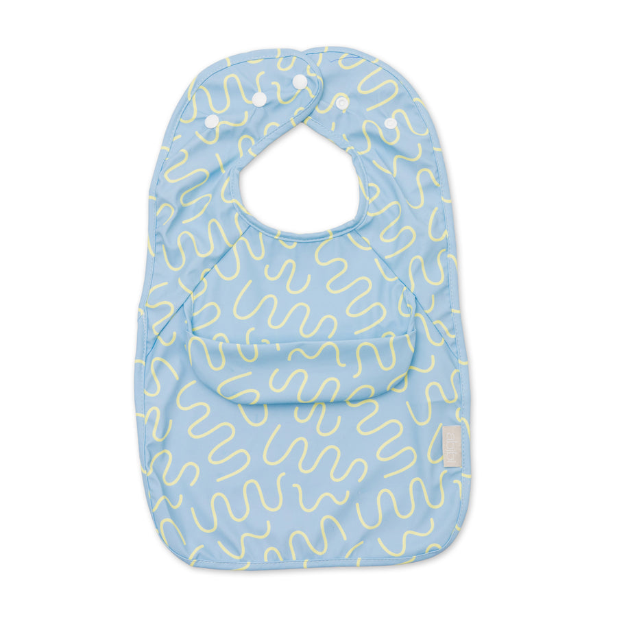 Sky Snack blue waterproof sleeveless baby feeding smock bib by Abibi - world-first mess proof design with inner collar flap