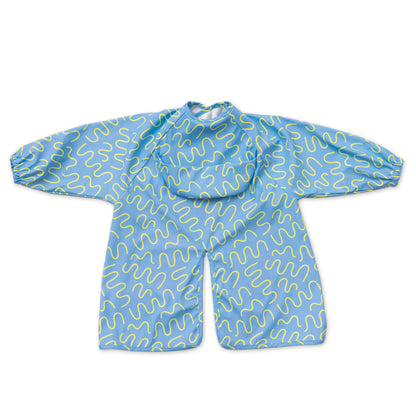 Abibi long sleeve smock bib, bright playful print, keeps clothes clean during mealtimes