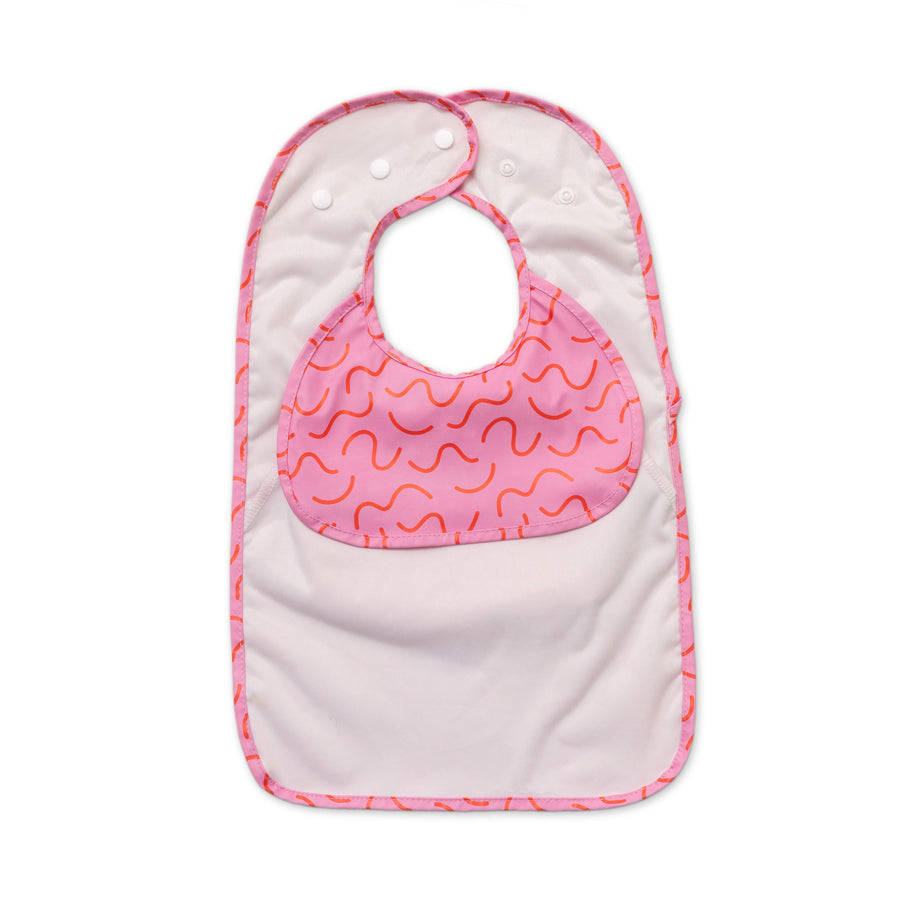 Strawberry Smudge red waterproof sleeveless baby feeding smock bib by Abibi - mess proof inner collar flap
