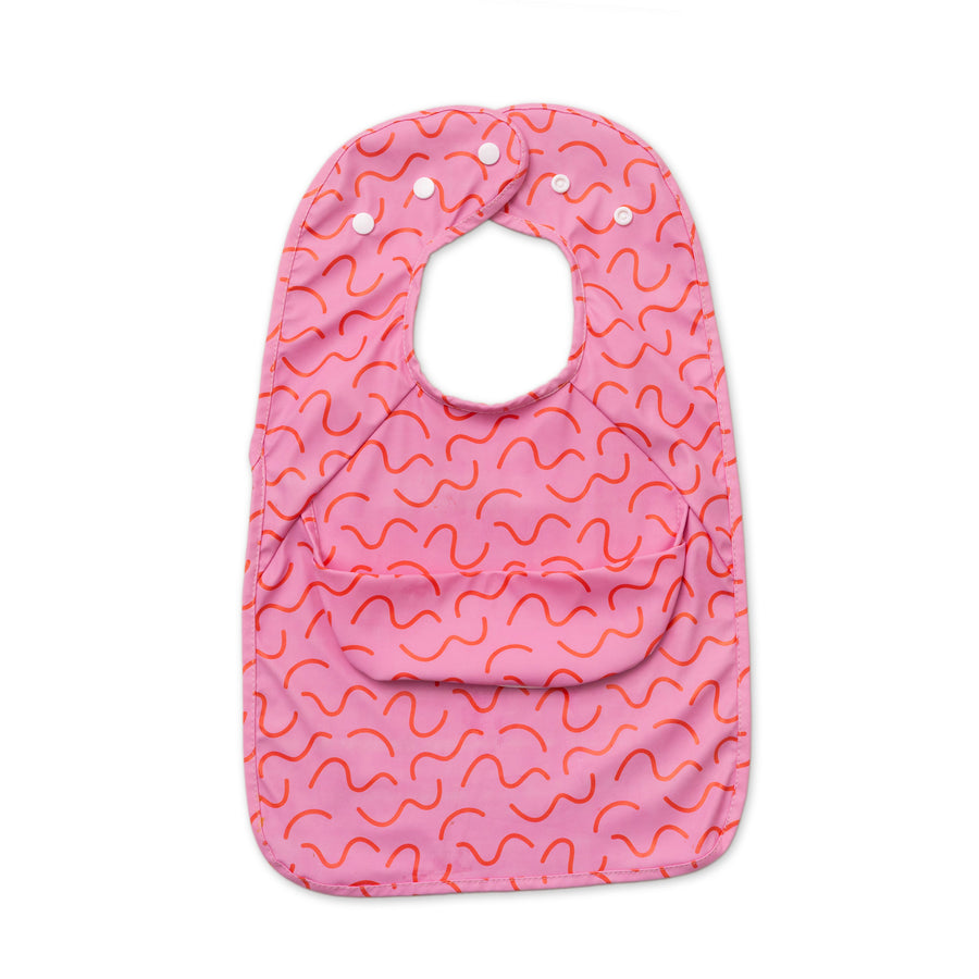 Strawberry Smudge red waterproof sleeveless baby feeding smock bib by Abibi - mess proof inner collar flap