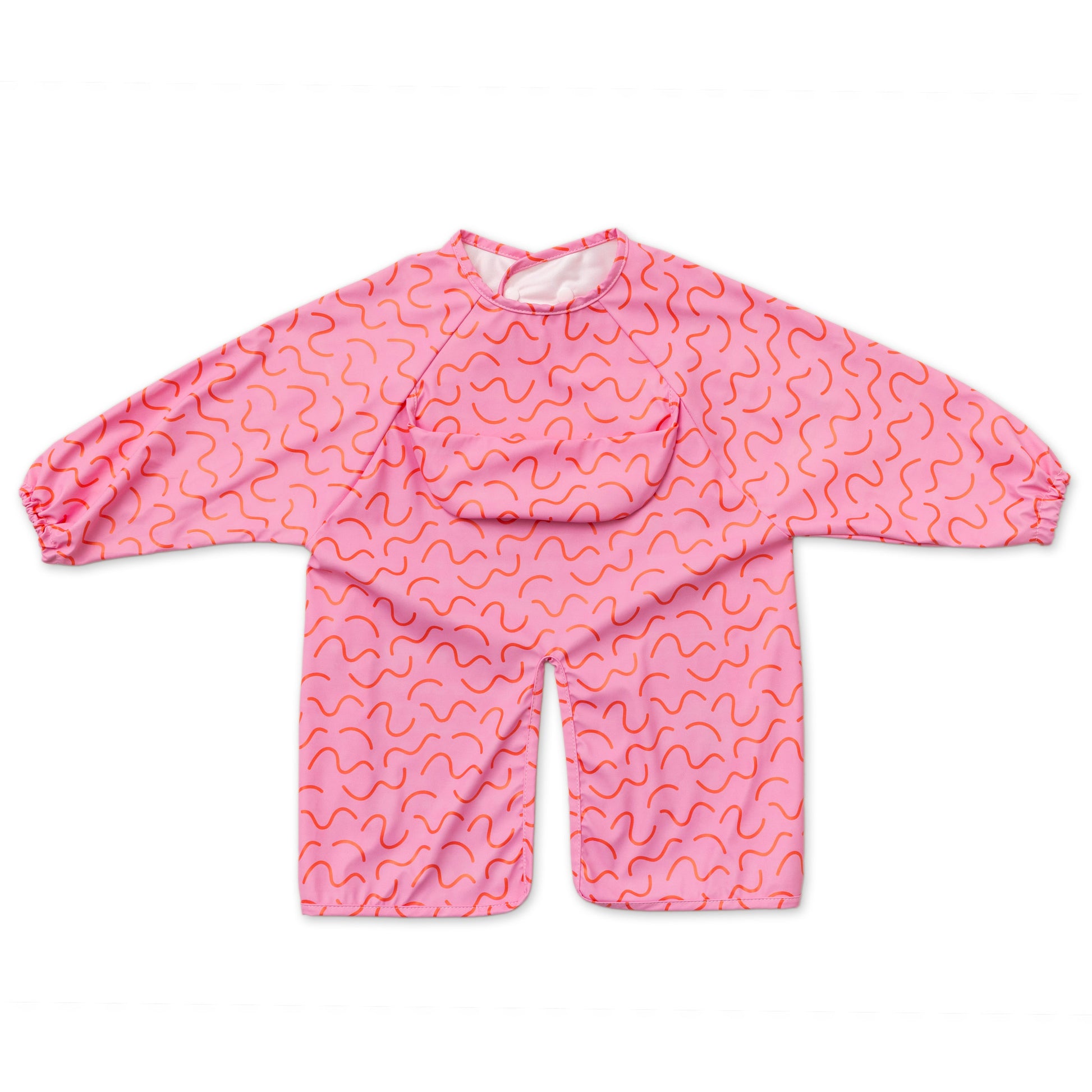 Abibi long sleeve smock bib, bright playful print, keeps clothes clean during mealtimes
