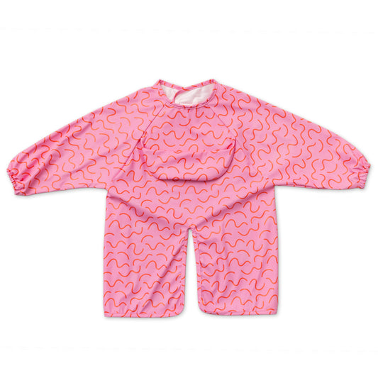 Abibi long sleeve smock bib, bright playful print, keeps clothes clean during mealtimes