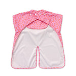 Strawberry Smudge pink waterproof short sleeve baby feeding smock by Abibi - mess proof inner collar flap