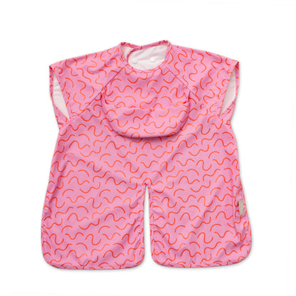 Abibi long sleeve smock bib, bright playful print, keeps clothes clean during mealtimes