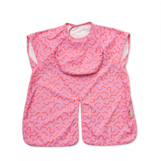 Abibi long sleeve smock bib, bright playful print, keeps clothes clean during mealtimes