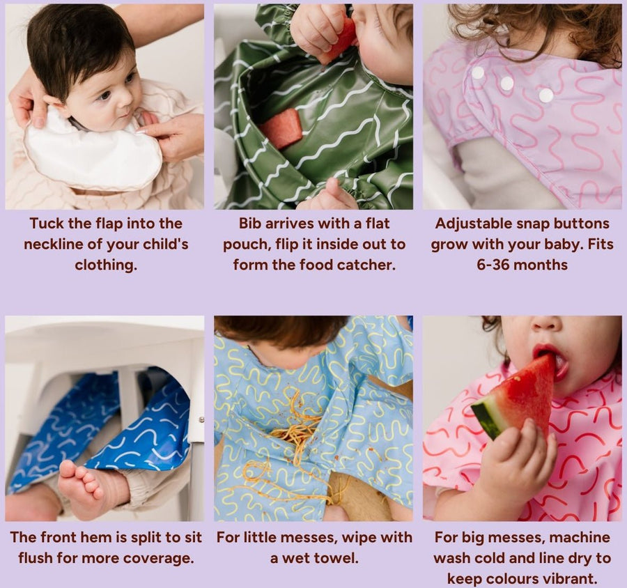 Berry Bliss Less Mess waterproof baby bib by Abibi, full front coverage that wipes clean for starting solids