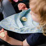 Sky Snack blue waterproof sleeveless baby feeding smock bib by Abibi - world-first mess proof design with inner collar flap