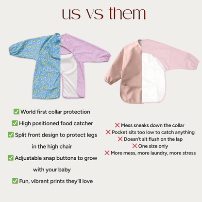 Berry Bliss pink waterproof long sleeve baby feeding smock by Abibi - mess proof inner collar flap